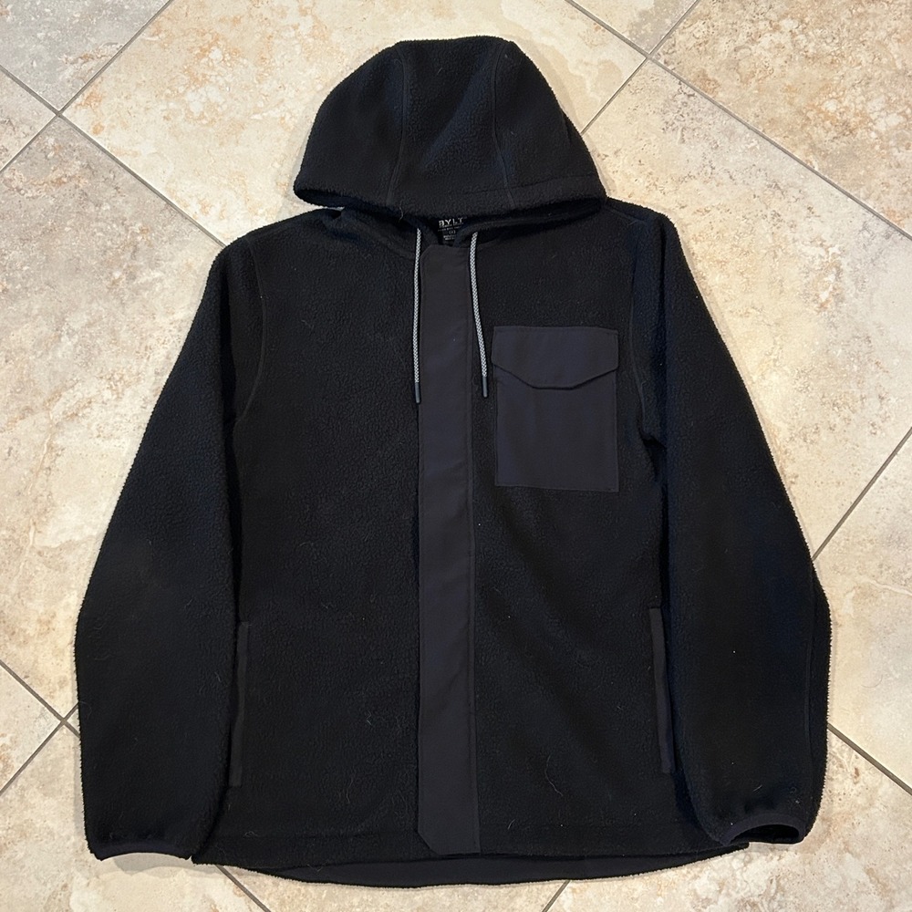 BYLT Back Bay Sherpa Jacket Mens Medium Black Hooded Fleece Full Zip‎ BSHRP-JKT